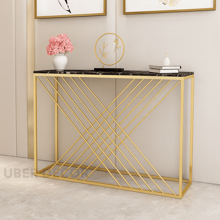 Sovana Luxe Marble Console Table – Custom White or Black Marble Top, Modern French Art Deco Gold Base for Hallways & Lounges