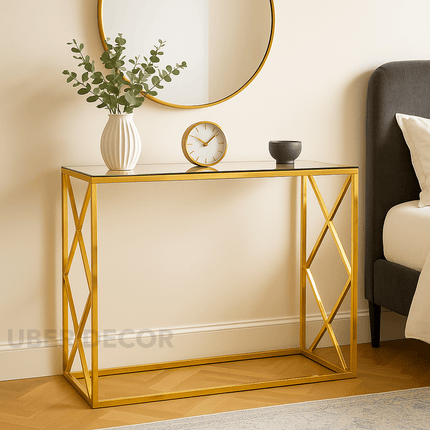 Stria Silk Mid‑Century Modern Display Table – Customizable Glass/Wood Top