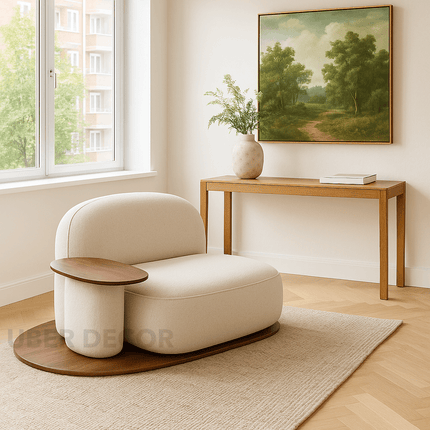 Orbitra Lounge Chair Minimalist Modern Accent with Sculptural Platform Base and Functional Surface Statement Seating for Living Room and Bedroom Interiors