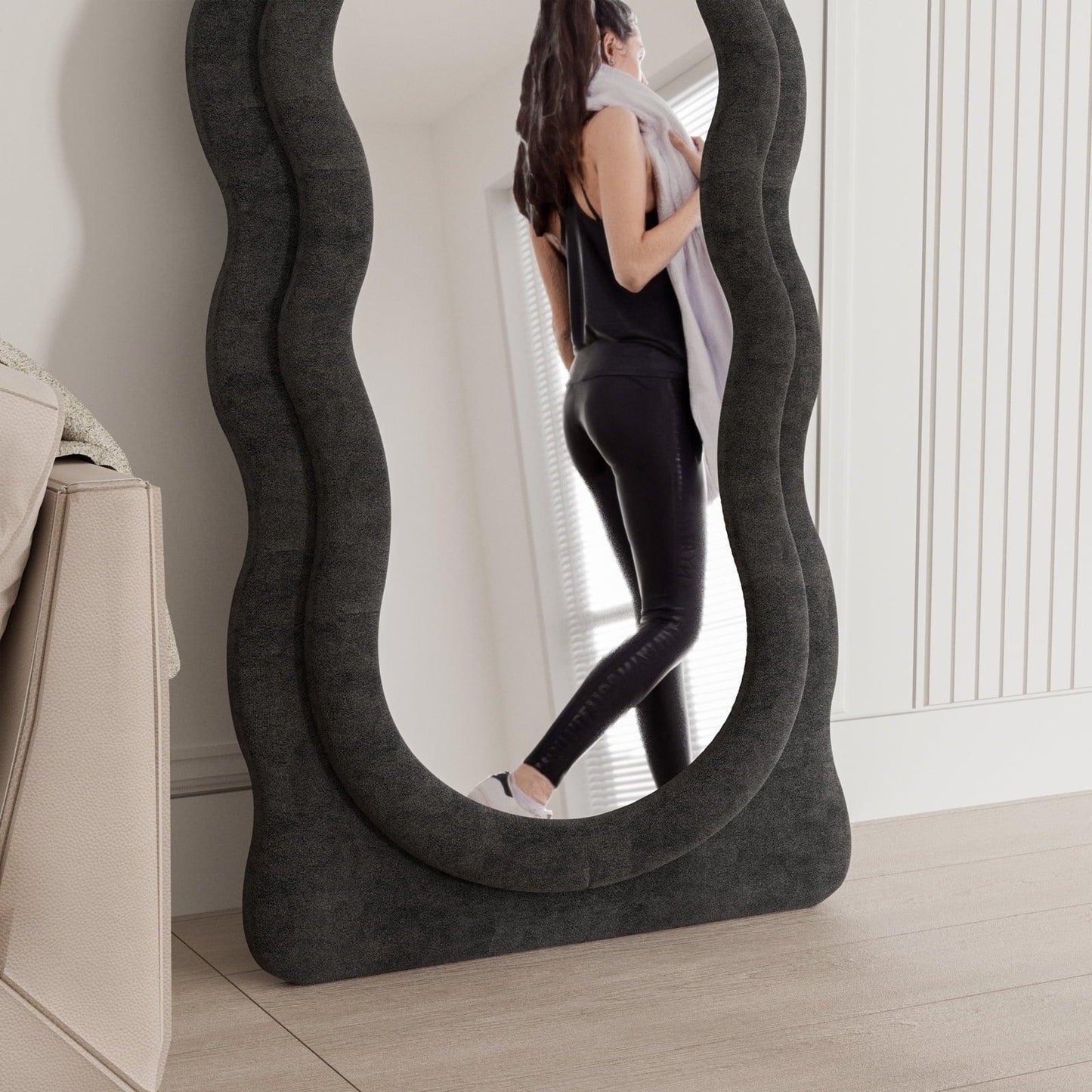 Wavy Symphony Upholstered Full-Length Bedroom Mirror- Modern Wavy Irregular Arched Mirror