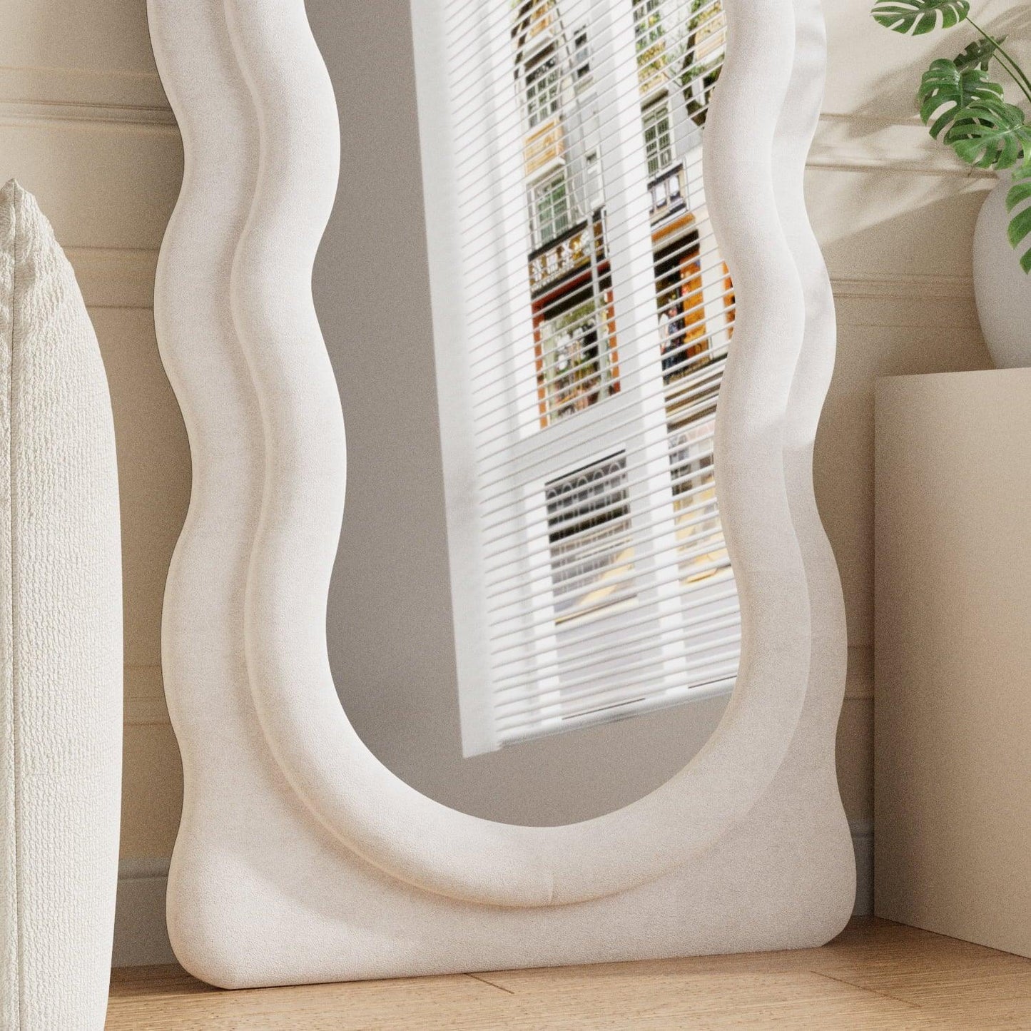 Wavy Symphony Upholstered Full-Length Bedroom Mirror- Modern Wavy Irregular Arched Mirror