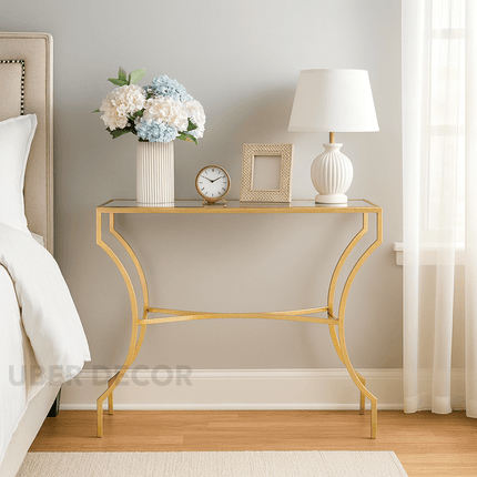Aurion Display Table – Elegant Glass Top with Sculptural Gold Metal Base for Hallways, Entryways & Living Rooms