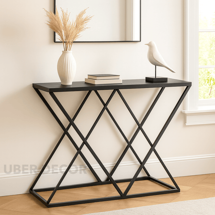 Nexa Noir Mid-Century Modern Display Table – Matte Black Frame with Geometric Crisscross Base for Hallway or Living Room