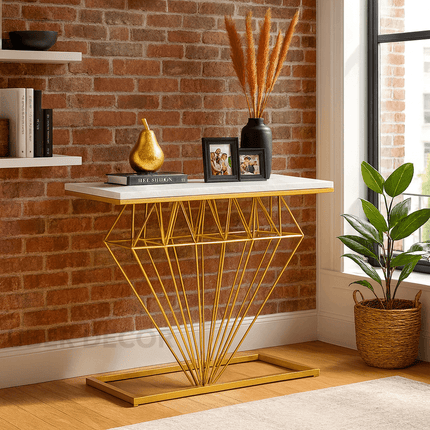 Auric Prism Display Table – Customizable Wooden Top with Sculptural Gold Geometric Base for Entryway & Hallway