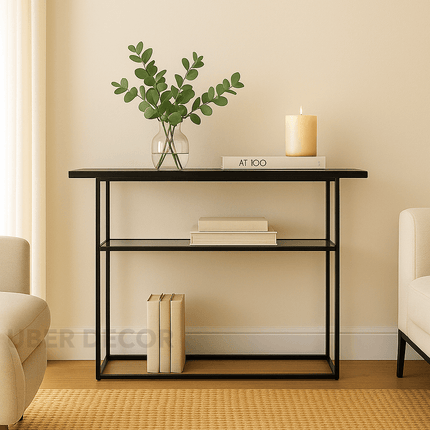 Slate Verge Industrial Chic Console Table – Clear Tempered Glass Top with Slim Matte Metal Frame for Entryway or Hallway
