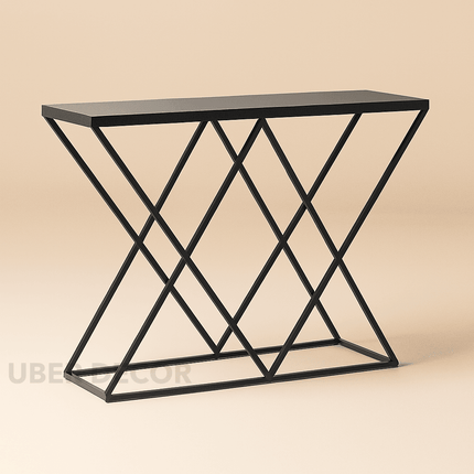 Nexa Noir Mid-Century Modern Display Table – Matte Black Frame with Geometric Crisscross Base for Hallway or Living Room