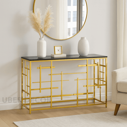Radiant Lines Mid-Century Modern Display Table – Marble Top with Gold Metal Base for Entryway or Living Room