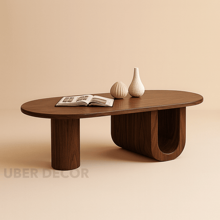 Jordan Shiro Japanese Minimalist Oval Coffee Table – White MDF Top with Solid Wood Legs, Matte Finish – Integrated Storage Shelf – Ideal for Living Room and Bedroom