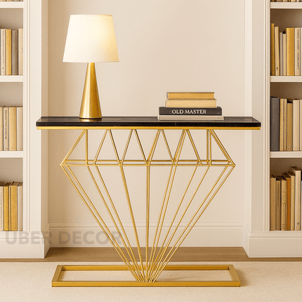 Auric Prism Display Table – Customizable Wooden Top with Sculptural Gold Geometric Base for Entryway & Hallway
