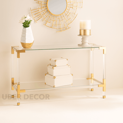 Lumina Luxe Mid-Century Modern Display Table – Clear Tempered Glass Top with Gold & Lucite Accents for Entryway or Living Room