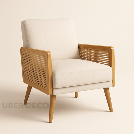 Nivara- Solid Wood Upholstered Accent Chair with Rattan Arms and Wooden Legs