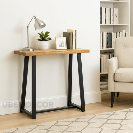 Terra Beam Display Table – Natural Wood Top & Black Metal Angled Base for Entryway & Living Spaces