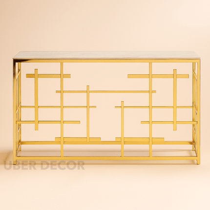 Radiant Lines Mid-Century Modern Display Table – Marble Top with Gold Metal Base for Entryway or Living Room