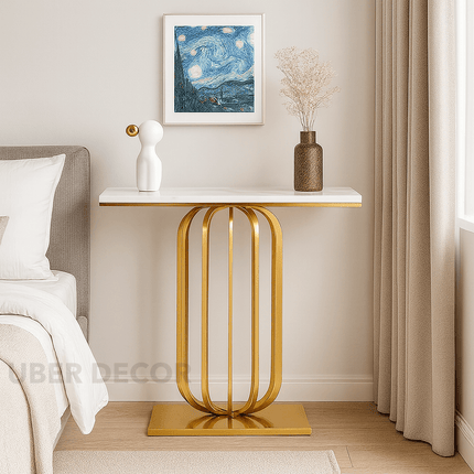 Etoile Crest Console – French Deco Marble Console Table with Luxe Pedestal Base for Hallway Glamour