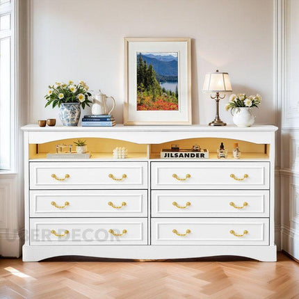 Belmont Luxe 6-Drawer French Country Cabinet – Elegant Solid Wood with White Polish & Gold Handles, Custom Color Options for Bedroom, Living Room & Entryway