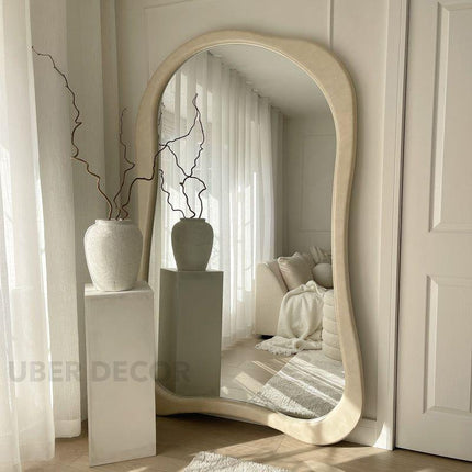 Claribel Wavy Ivory Teak Floor Mirror – Sculptural Full-Length Statement Piece