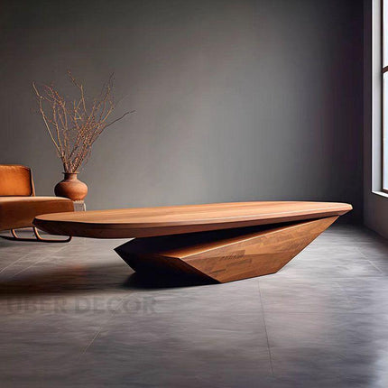 Colorado River Coffee Table, Modern Sculptural Wooden Center Table with Geometric Base for Living Room