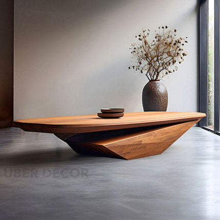 Colorado River Coffee Table, Modern Sculptural Wooden Center Table with Geometric Base for Living Room