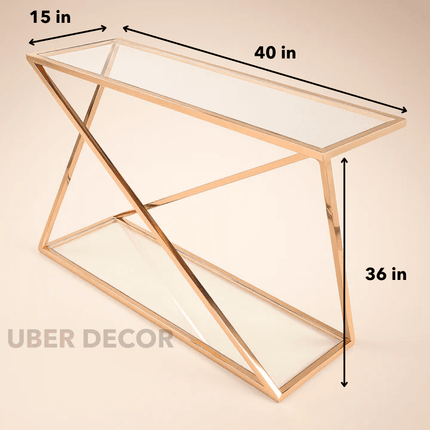 Velmara Luxe Modern Console Table – Dual Glass Shelves with Sculptural Rose Gold Geometric Frame for Hallway or Living Room