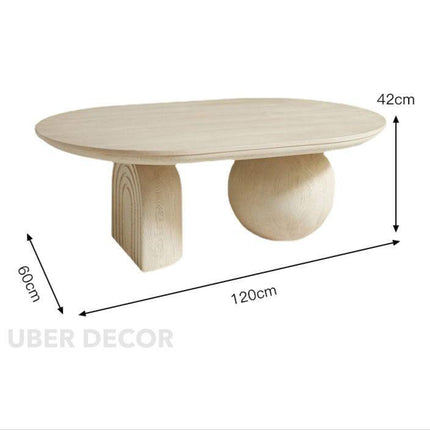 Magdalena Sculptural Mid Century Japandi Coffee Table – Organic Round Wooden Top with Sphere and Arched Block Legs – Artistic Designer Centerpiece for Living Room