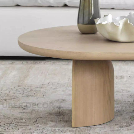 Magdalena Sculptural Mid Century Japandi Coffee Table – Organic Round Wooden Top with Sphere and Arched Block Legs – Artistic Designer Centerpiece for Living Room