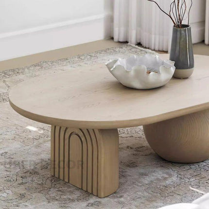 Magdalena Sculptural Mid Century Japandi Coffee Table – Organic Round Wooden Top with Sphere and Arched Block Legs – Artistic Designer Centerpiece for Living Room