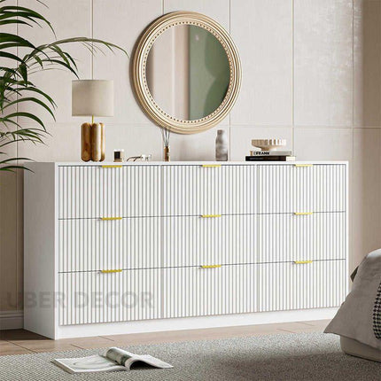 Arden White Fluted 9-Drawer Modern Japandi Solid Wood Cabinet with Brass Handles & Custom Finish for Bedroom, Living Room & Entryway