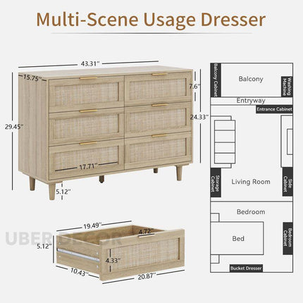 Bayshore 6-Drawer Scandinavian Rattan Front Solid Wood Cabinet with Natural Polish & Custom Finish Options for Bedroom, Living Room & Entryway