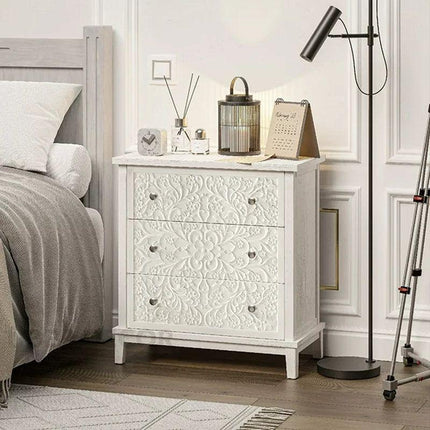 Ivory Bloom 3-Drawer Chest – Hand-Carved Floral Solid Wood Cabinet, French Vintage Whitewash Finish, Customizable – Bedroom, Entryway & Living Room