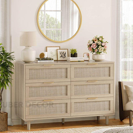 Bayshore 6-Drawer Scandinavian Rattan Front Solid Wood Cabinet with Natural Polish & Custom Finish Options for Bedroom, Living Room & Entryway