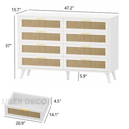 Sole Rattan Modern Coastal Solid Wood Chest of Drawers 8-Drawer Storage – Ideal for Bedroom, Living Room & Entryway
