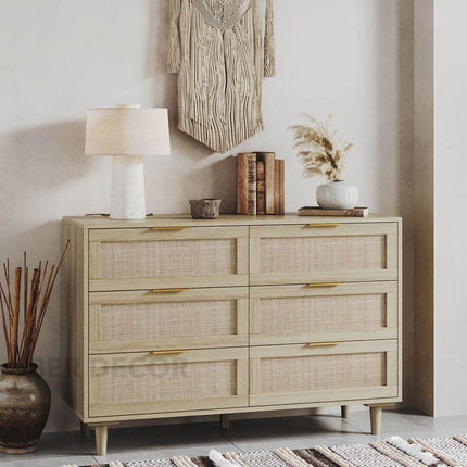 Bayshore 6-Drawer Scandinavian Rattan Front Solid Wood Cabinet with Natural Polish & Custom Finish Options for Bedroom, Living Room & Entryway