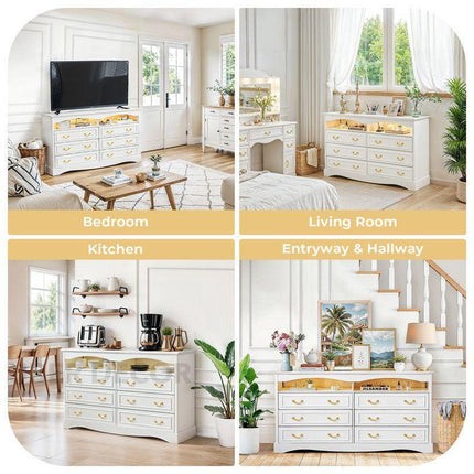 Belmont Luxe 6-Drawer French Country Cabinet – Elegant Solid Wood with White Polish & Gold Handles, Custom Color Options for Bedroom, Living Room & Entryway
