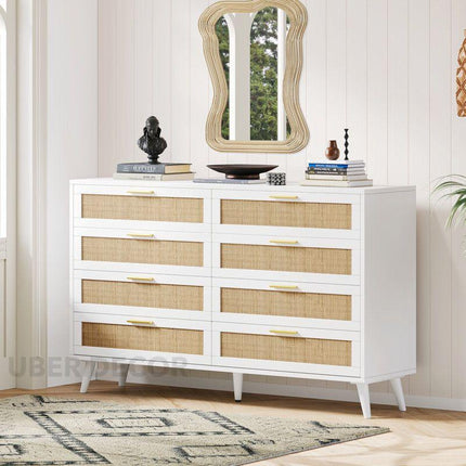 Sole Rattan Modern Coastal Solid Wood Chest of Drawers 8-Drawer Storage – Ideal for Bedroom, Living Room & Entryway