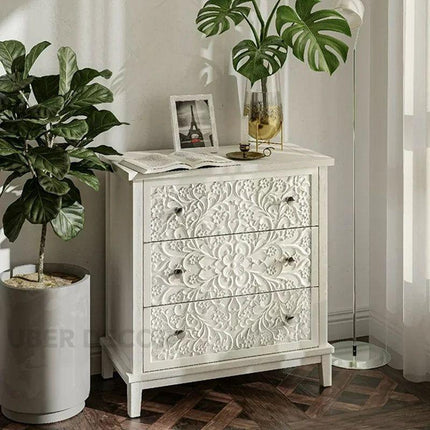 Ivory Bloom 3-Drawer Chest – Hand-Carved Floral Solid Wood Cabinet, French Vintage Whitewash Finish, Customizable – Bedroom, Entryway & Living Room