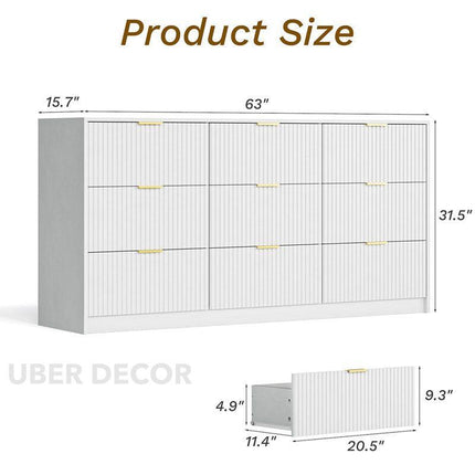 Arden White Fluted 9-Drawer Modern Japandi Solid Wood Cabinet with Brass Handles & Custom Finish for Bedroom, Living Room & Entryway