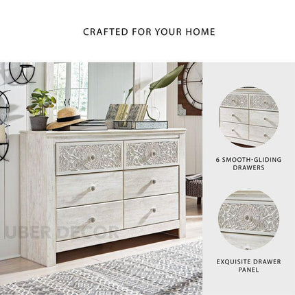 Serenity Scroll 6-Drawer Chest – Hand-Carved Floral Solid Wood Cabinet, French Vintage Whitewash & Custom Finish Options for Bedroom, Living Room & Entryway
