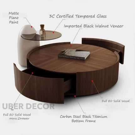 Mekong Natura Round Coffee Table & Penguin 3C Glass Side Table Set – Solid Wood with Reinforced Glass Top – Elegant Duo for Indoor Living Spaces