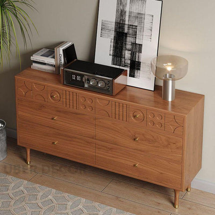 GeoForm Walnut Modern Dresser – Artistic Carved 6-Drawer Storage Cabinet