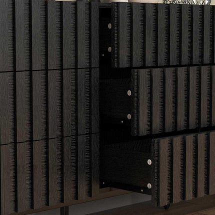 Raven Noir 9-Drawer Contemporary Japandi Black Oak Cabinet with Textured Front & Metal Legs for Living Room, Bedroom, Office & Entryway