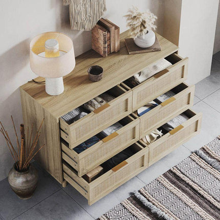 Bayshore 6-Drawer Scandinavian Rattan Front Solid Wood Cabinet with Natural Polish & Custom Finish Options for Bedroom, Living Room & Entryway