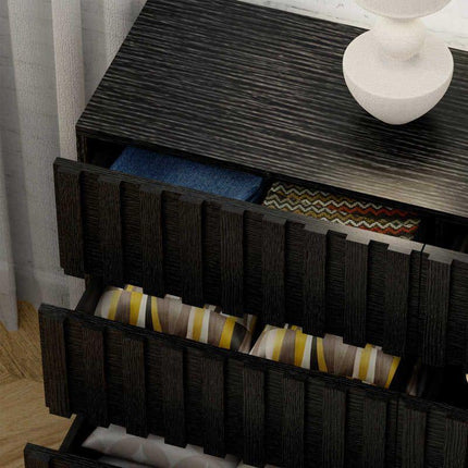 Raven Noir 9-Drawer Contemporary Japandi Black Oak Cabinet with Textured Front & Metal Legs for Living Room, Bedroom, Office & Entryway