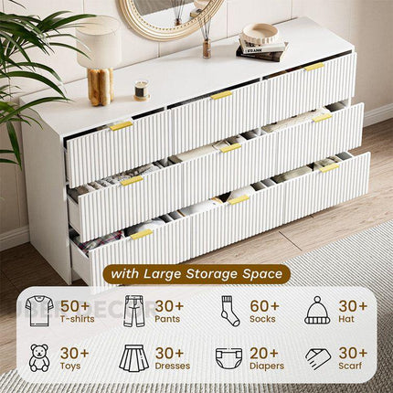 Arden White Fluted 9-Drawer Modern Japandi Solid Wood Cabinet with Brass Handles & Custom Finish for Bedroom, Living Room & Entryway