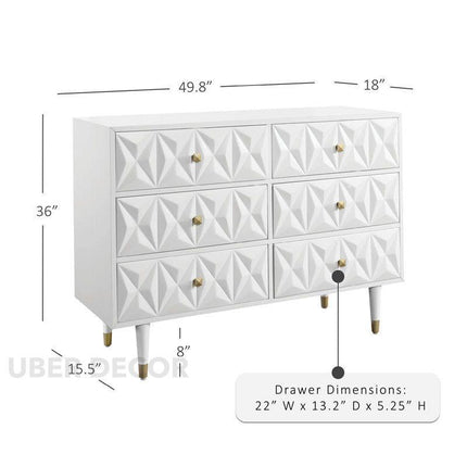 Sierra Luxe 6-Drawer Mid-Century Modern White Geometric Cabinet with Gold Accents & Tapered Legs for Bedroom, Living Room & Entryway
