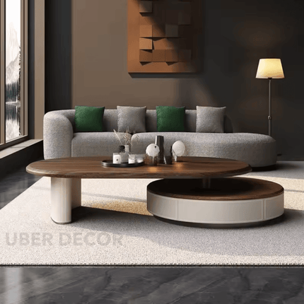 Aldan Dual Layer Functional Mid Century Modern Contemporary Coffee Table Scandinavian Design Solid Wood Top Cylindrical Base Matte Finish Round Center Table for Reception Area