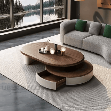 Aldan Dual Layer Functional Mid Century Modern Contemporary Coffee Table Scandinavian Design Solid Wood Top Cylindrical Base Matte Finish Round Center Table for Reception Area
