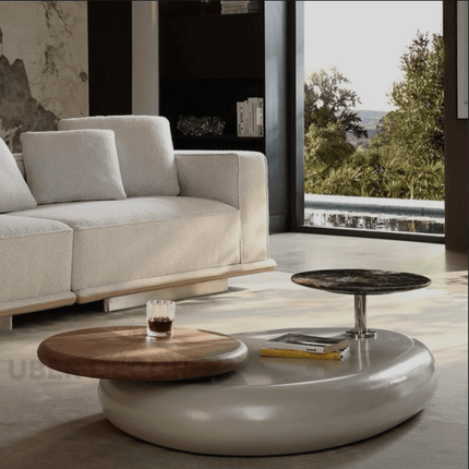 Meuse Coffee Table, Modern Sculptural Organic Dual Surface Center Table with Wood and Stone Tops for Living Room