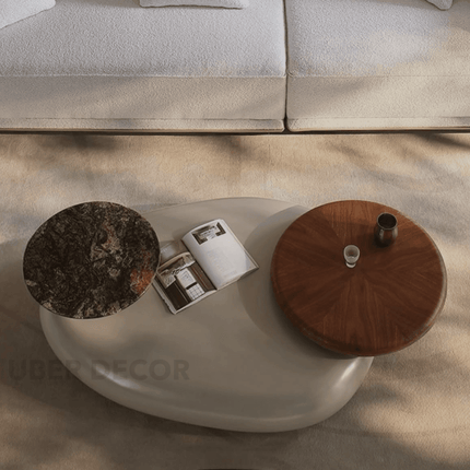 Meuse Coffee Table, Modern Sculptural Organic Dual Surface Center Table with Wood and Stone Tops for Living Room