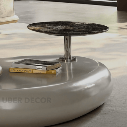 Meuse Coffee Table, Modern Sculptural Organic Dual Surface Center Table with Wood and Stone Tops for Living Room