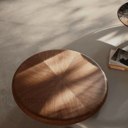 Meuse Coffee Table, Modern Sculptural Organic Dual Surface Center Table with Wood and Stone Tops for Living Room